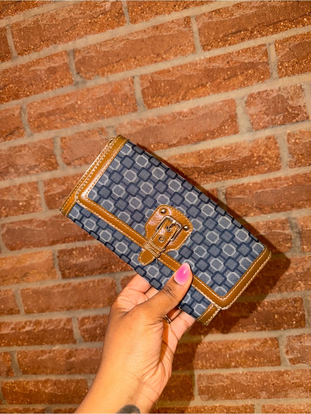 Classic Navy Patterned Women’s Wallet with Tan Trim
